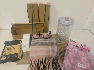 Home Lot: 3 Sets of Candle Sconces, Pink Orchid Faux Flowers, Soap Base, Waffle Mat, Scarf, Dispenser, Nail Kits