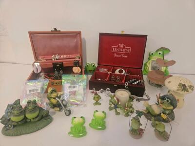 Frog Figurines, Decor, and Jewelry Box Lot with Assorted Costume Jewelry