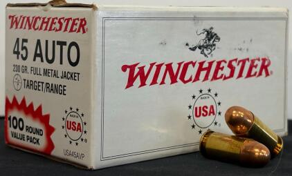 Winchester .45 Auto 230gr FMJ Target Ammo - 100 Round Value Pack, USA Made, USA45AVP