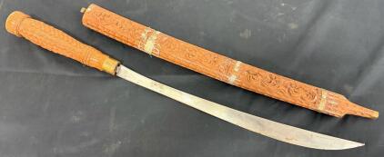 Hand-Carved Shamshir-Style Curved Sword, Carved Wood Handle & Scabbard, 22&rdquo; Blade, 37&rdquo; Overall Length