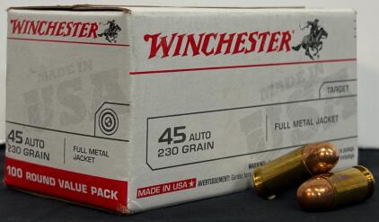 Winchester .45 Auto 230gr FMJ, 100 Rounds, USA White Box Brass Case Target Ammunition