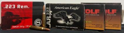 .223 Remington Ammunition, 55gr FMJ, Wolf Gold, American Eagle, Geco, Brass Case, 20rd Boxes
