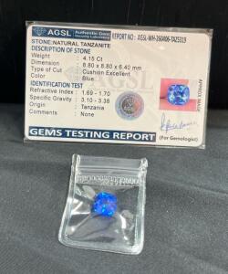 Natural Tanzanite 4.15 Ct Cushion Cut, Blue, 8.8mm x 8.8mm, Certified AGSL, Tanzania Origin