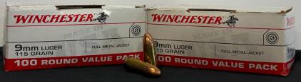 (2) Winchester 9mm Luger 115 Grain FMJ, 100-Rd Value Packs, Brass, USA Made