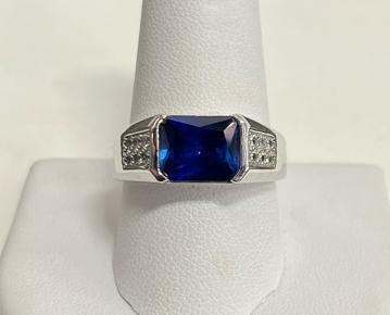Men&rsquo;s Sterling Silver Ring With Square Blue Gemstone And Accent Stones About Size US 10