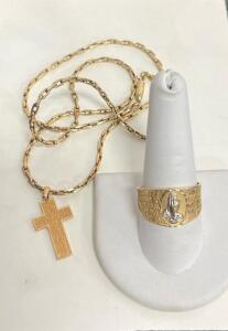 OMA 10K Gold Serenity Prayer Ring Size 10 & Lord&rsquo;s Prayer Cross Pendant Chain Religious Set