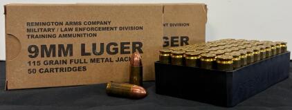 Remington 9mm Luger 115 Grain FMJ, (2) 50 Round Boxes, Brass Case Military/Law Enforcement Training Ammo