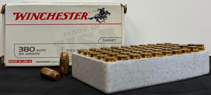 Winchester .380 Auto 95gr FMJ 100 Round Value Pack, Brass, Boxer Primed, Made In USA