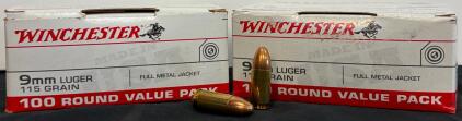 Winchester 9mm Luger 115 Grain FMJ, (2) 100-Round Boxes, Brass Case, Reliable Range Ammo