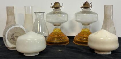 Pair Of Amber Glass Table Oil Lamps With Ornate Bases, 4 Chimneys & 3 Glass Shades