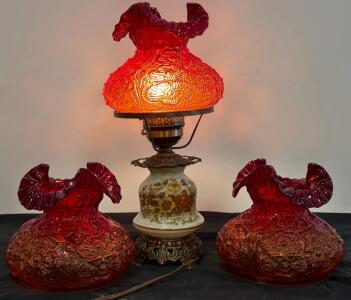 Vintage "Gone With The Wind" Electric Table Lamp With (3) Red Floral Glass Shades