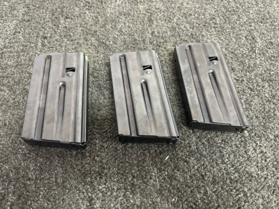 Three AR-15/M16 20-Round Steel Magazines, 5.56/.223, Green Anti-Tilt Followers, Grey Finish