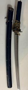 Japanese Wakizashi Sword, Decorative Tsuba & Scabbard, Visible Hamon, Blue/Yellow Sageo Cord