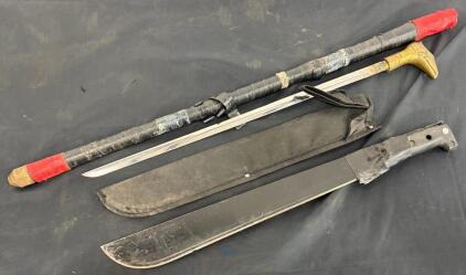 Latin Machete With Sheath & Sword Cane With Ornate Brass Handle - Collectible Dual Blade