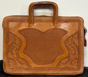 Vintage Tooled Leather Briefcase With Ornate Floral Design