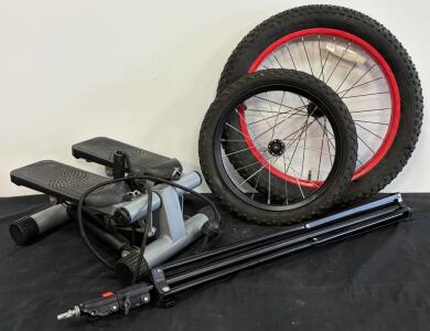 Set Of Bike Wheels, Mini Stepper With Bands, & Photography Light Stand / Tripod