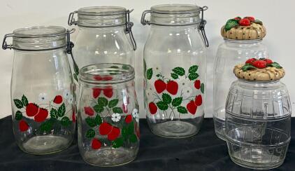 Vintage Glass Kitchen Canister Set With Strawberry Motif, Assorted Styles And Sizes