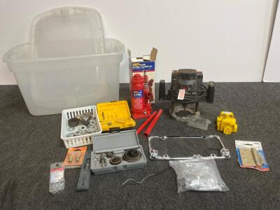 Skil 1823 Router, MVP 6-Ton Jack, Hardware, Drill Bits, Tote Bin