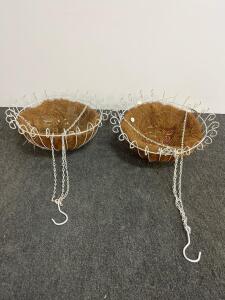 Pair Of 14" White Metal Hanging Planter Baskets With Chains And Coco Liners