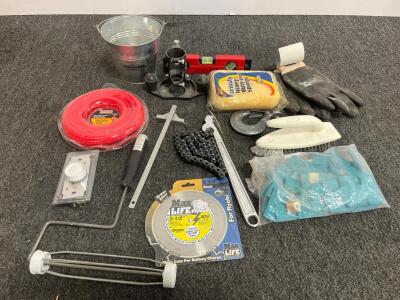 Mixed Workshop Tool Lot: Craftsman Trimmer Line, Dremel 330, Ryobi Blade, Paint, Clean, Level