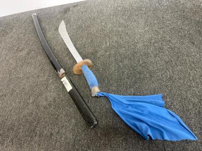 Chinese Dao Sword With Blue Tassel, 36" Overall, Black Scabbard, Performance/Training Blade
