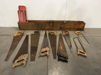 Vintage Hand Saw and Hacksaw Set With Wooden Toolbox&mdash;8 Saws, 48" Storage Box