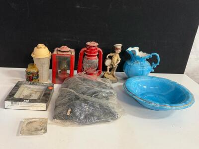 Vintage Household Decor: Blue Ceramic Pitcher/Bowl, Red Lanterns, Figurines, Glassware