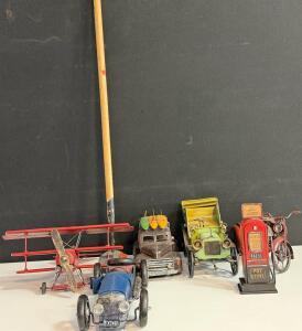 Vintage Metal Model Vehicle Collection &ndash; 8-Piece Set With Cars, Motorcycle, Airplane, Gas Pump, And Paddle