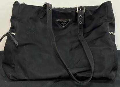 Prada Tessuto Nylon Black Tote Bag, Silver Hardware, Side Zipper Pockets, Top Zip Closure