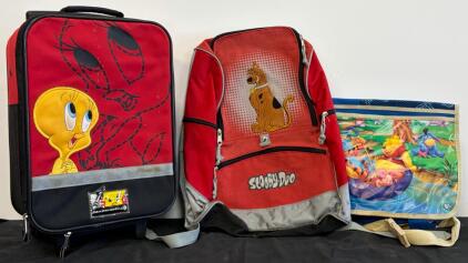 3 Vintage Kids&rsquo; Character Bags: Tweety Bird Rolling Suitcase, Scooby-Doo Backpack, Pooh Messenger Bag