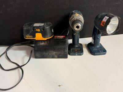 Ryobi 14.4V Cordless Drill, FL1400 Flashlight, 18V ONE+ Battery, ChargePlus Charger, Combo Kit
