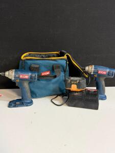 Used Ryobi Cordless Impact Driver Set with Charger, Battery, and Carrying Bag