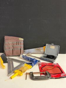 Assorted Hand Tool Set: Olympia Clamp, Swanson Square, Caulk Gun, Gator Grit Sandpaper, And More