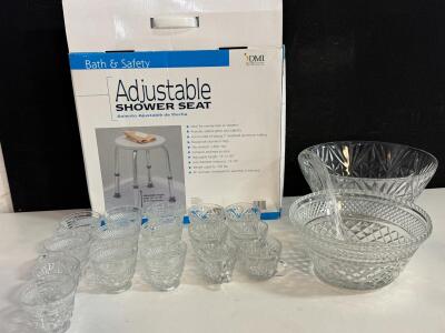 Vintage Pressed Glass Punch Bowl Set, 2 Bowls, 24 Punch Cups, 2 Ladles, Diamond & Starburst Pattern