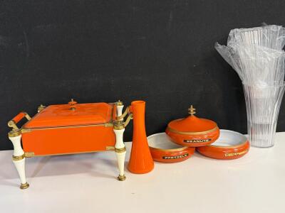 Vintage Mid-Century Modern Orange Snack/Serving Set With Divided Tray And Chafing Dish