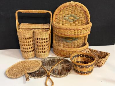 Vintage Handwoven Wicker Basket And Fan Set &ndash; 2-Tier Wall Basket, Double Carrier, Leaf Fans, 8 Pieces
