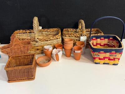 Assorted Wicker & Wood Baskets With Handles, Star Basket, And 11 Mini Terracotta Pots