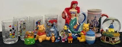 Disney Collectibles: 2000 Millennium Glasses, Ariel Pitcher, Snow White & Pooh Snow Globes, Mugs, Figurines