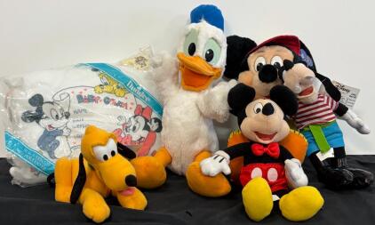 Vintage Disney Plush Animals, Mickey Mouse, Donald Duck, Goofy, Pluto + 1984 Dundee Baby Gram Pillow