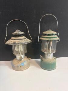 Coleman 220F Two-Mantle Camping Lantern, Green Top, Steel Tank, 1960s-70s USA
