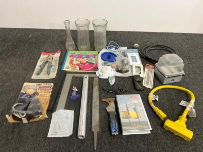 Assorted Tools & Hardware &ndash; Leatherman, Malco SL2, Extension Cord, Book, Vases