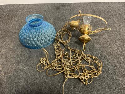 Vintage Blue Pressed Glass Hanging Parlor Lamp With Brass Fixture And Chain