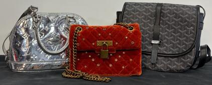 Louis Vuitton Alma BB Metallic, Kurt Geiger Velvet Chain, Goyard Belvedere PM Crossbody Bags