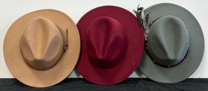 Men&rsquo;s Felt Fedora Hat Trio &ndash; Tan With Leather Band, Burgundy, Gray With Feather Decor, Wide Brim