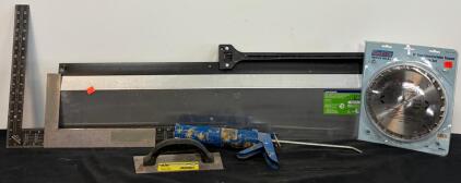Warner 24" Pivoting Squeegee, CarbTip 8" Dado Set, Caulking Gun, Framing Square, Notched Trowel