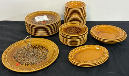 55-Piece Vintage 1970s Mustard Yellow Stoneware Dinnerware Set, Floral Pattern, Serving Pieces