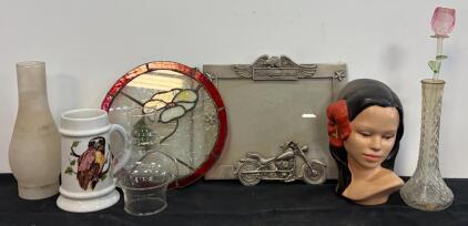 Decorative Collectibles: Glass Vase, Bust, Stained Glass, Metal Frame, Owl Stein, Lamp Globes
