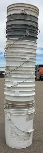 13 5-Gallon Plastic Buckets, White & Gray, Metal Handles, Used, 14.5" Height