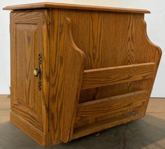 Classic Oak End Table Cabinet With Magazine Rack, Brass Handle, Raised Panel Door