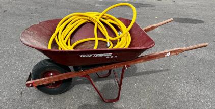 True Temper USA 6 Cu Ft Steel Wheelbarrow with 16" Pneumatic Tire & 50ft Yellow Garden Hose